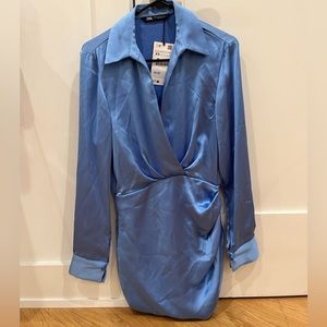 Zara satin effect collared dress in blue. Never worn, still has tags.